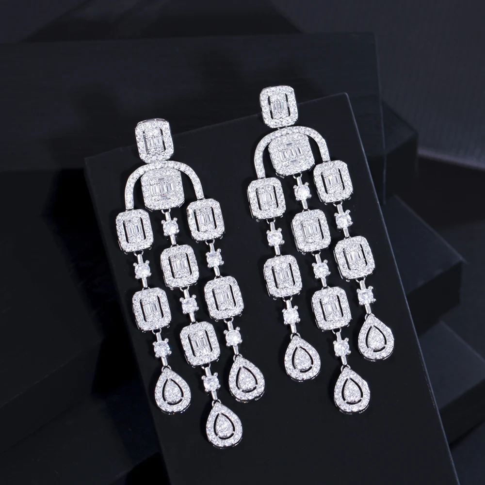 ThreeGraces Luxury Cubic Zirconia Long Tassel Geometric Drop Chandelier Earrings for Brides Wedding Anniversary Jewelry ER708