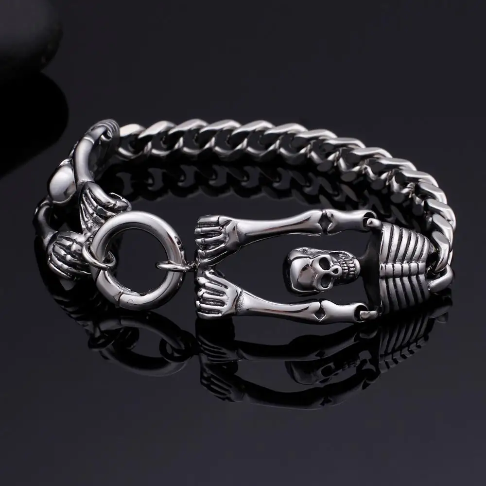 Fongten Retro Skull Bracelet Men Skeleton Stainless Steel Bracelets For Mens Halloween Gift