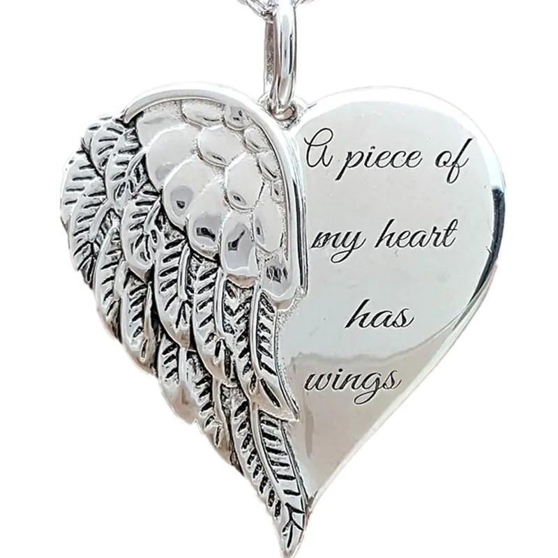 Hot Sale Women Necklace Letter A Piece Of My Heart Has Wings Gold Silver Alloy Love Heart Wings Pendant Feather Angel Necklaces