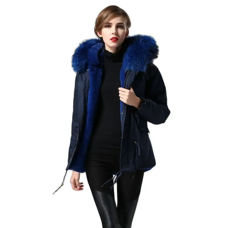 

Navy Blue Short Parka Royalblue Lined Women Garment With Big Hood Winter Coat