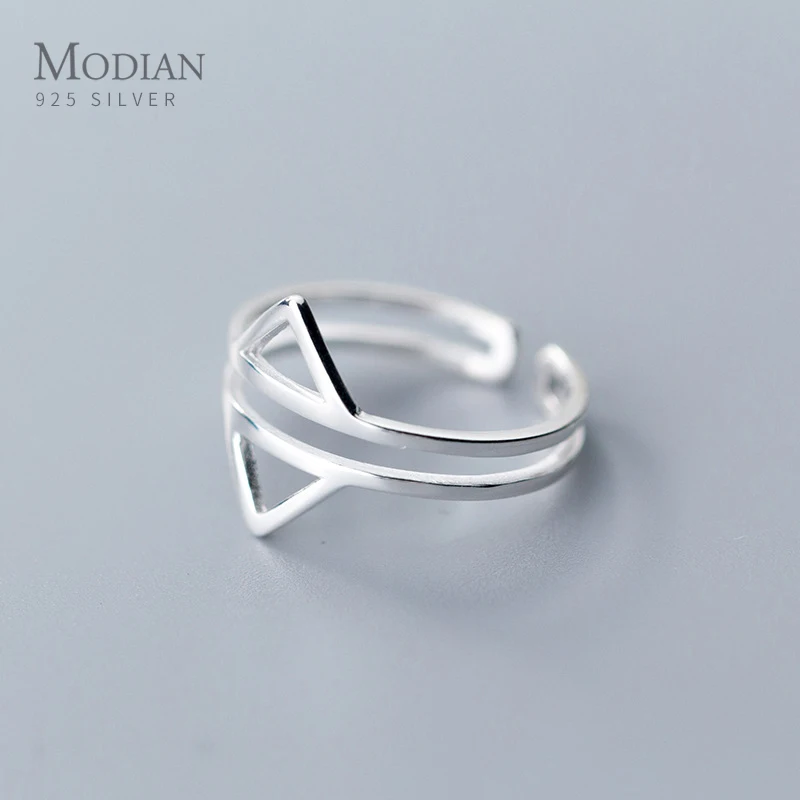 Modian Authentic 925 Sterling Silver Simple Double-sided Triangle Ring for Women Geometric Open Adjustable Finger Ring Jewelry