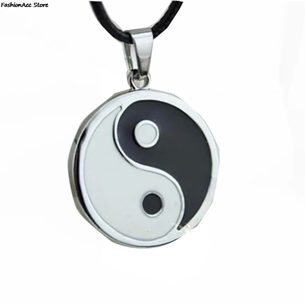 Jewelry Vintage Steel Men PU Leather Necklaces Stainless Black White Necklace Yin Ying Yang Pendant Necklace 3cm*3cm