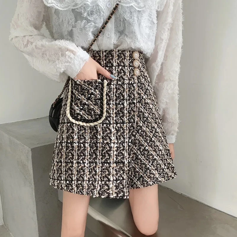 Plaid Short Skirt Female Autumn Winter High-waist Woolen Cloth A-line Skirt 2025 New Irregular Thin Fashion Porket Skirt