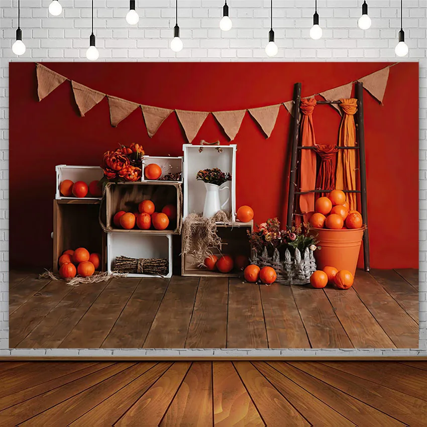 

Avezano Photography Background Autumn Red Wall Wooden Floor Oranges Newborn Kids Birthday Portrait Decor Backdrop Photo Studio