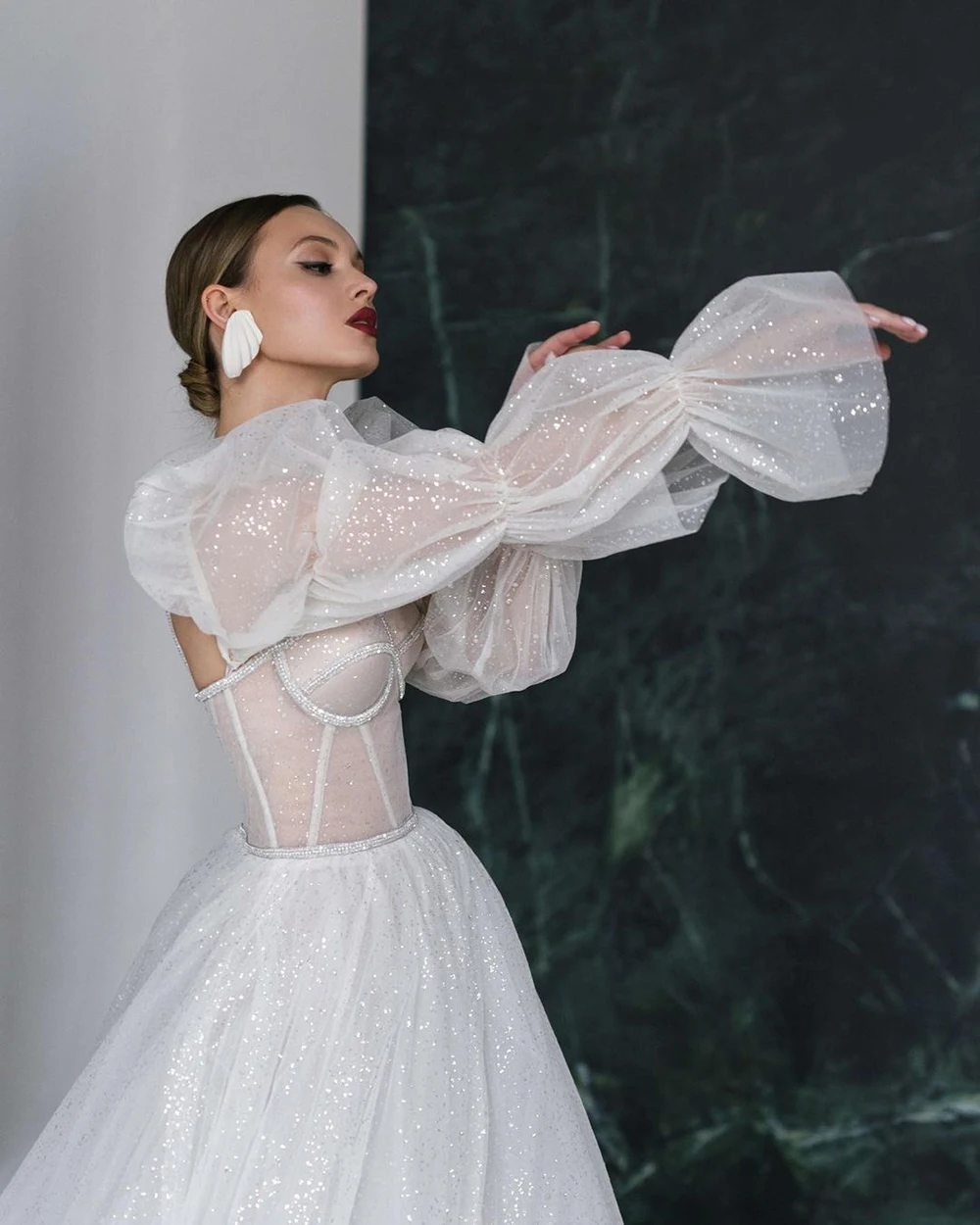 Sevintage – robe de mariée brillante en Tulle, manches bouffantes, coupe A-Line, dos nu, manches longues