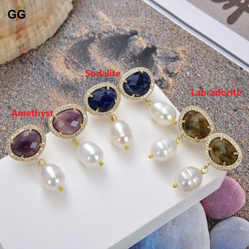 GuaiGuai Jewelry Natural White Rice Pearl Real Gems Amethysts Sodalites Labradorites Cz Pave Stud Earrings For Women