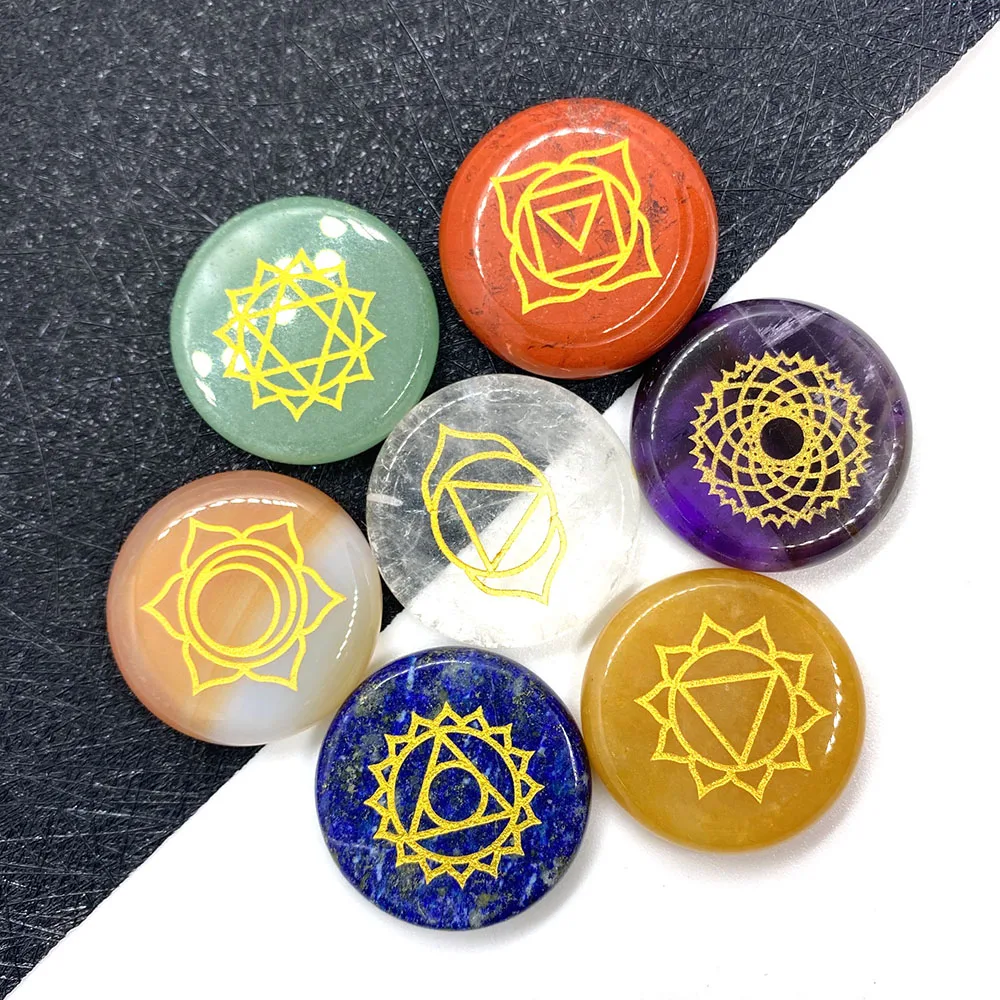 

7pcs/set Natural Stone Oblate Chakra Stone Aura Stone Healing Crystal Divination Stone Aura Healing Set Size 25mm, Thickness 5mm