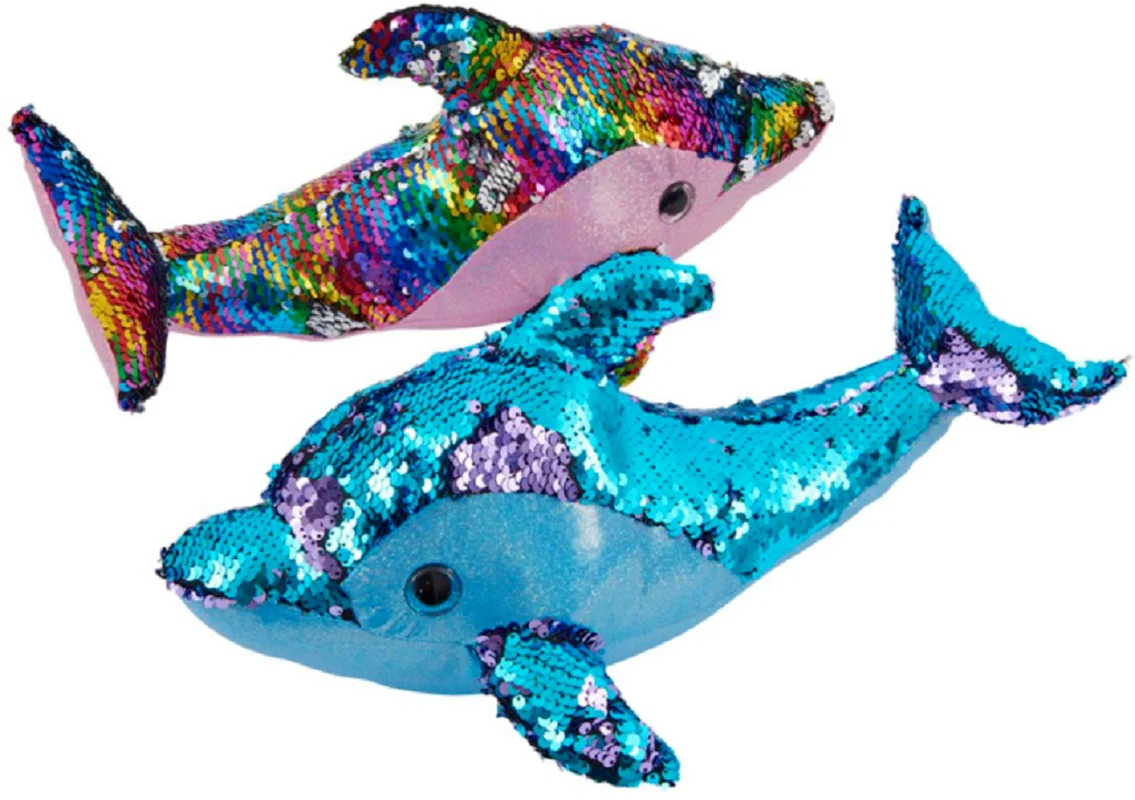 2 pcs Sequined Plush Dolphin 37 Cm Fish Soft Toy Ocean Shiny Snuggle Stuffed Cute