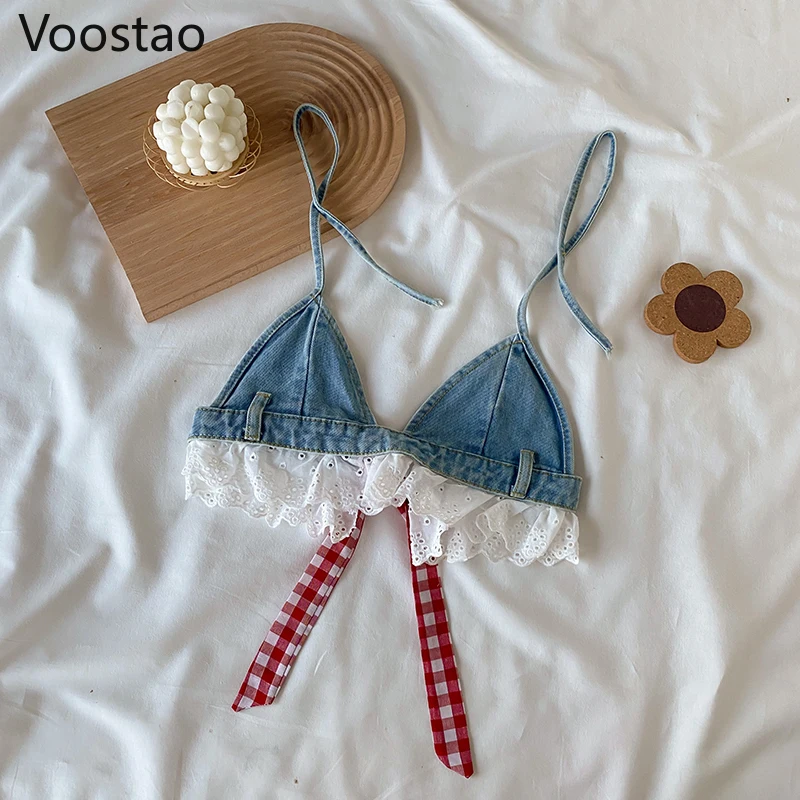 Lato słodki styl Lolita Denim zestawy z krótkimi spodenkami dziewczyny Sexy koronki bandaż Camisole krótkie bluzki Ruffles krótkie spodenki dżinsowe kobiety 2 zestaw PC