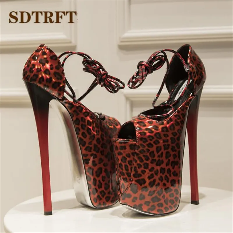 SDTRFT Pumps Ladies Platform Sandals Woman 22cm Thin High Heels Zapatos Mujer Stiletto Crossdresser Lace-Up Leopard Print Shoes