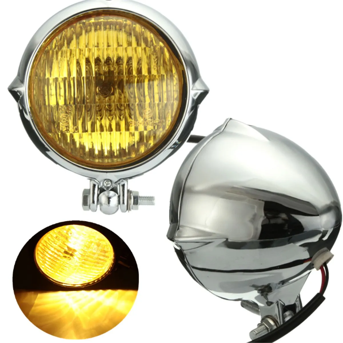 NEW Chrome Black Motorcycle 4 inch Yellow Light Lamp Headlight For Harley Bobber Chopper