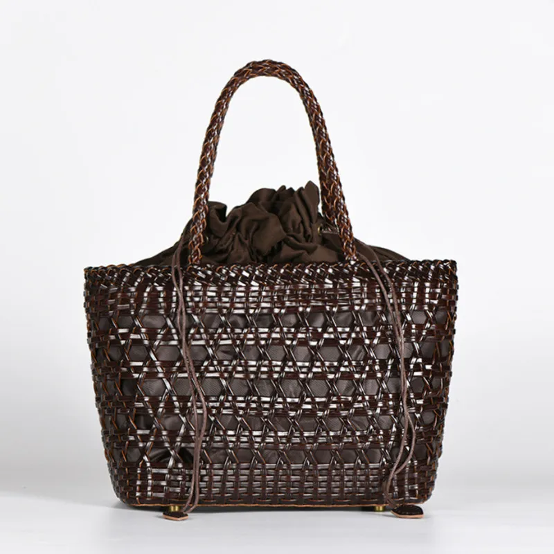 Summer new Genuine Leather Hollowed Woven Shoulder Bag with Casual Woven Inside Bag Vintage Shopping Bag Cowhide Tote Bag