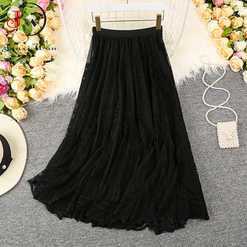 Summer Solid Lace Skirt Women Sweet Mesh High Waist Elegant Office Ladies Korean A-Line Long Skirts Saias