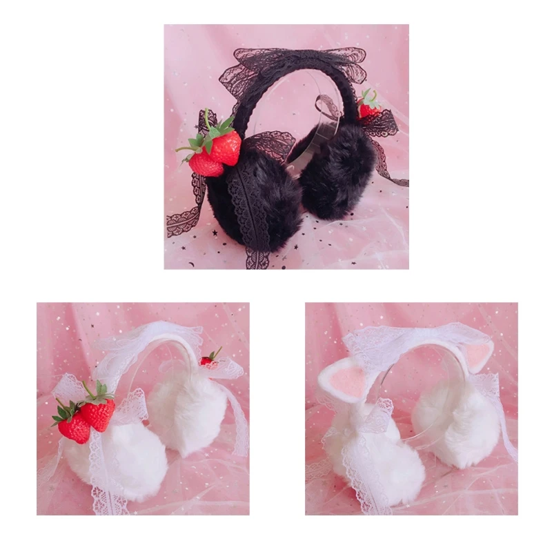 แฟชั่น Plush Feel หญิง Earmuff ฤดูหนาว Warm Muffs หูหูฟังรูปสาว EarmuffsCat หูสีขาวสตรอเบอร์รี่สีดำ