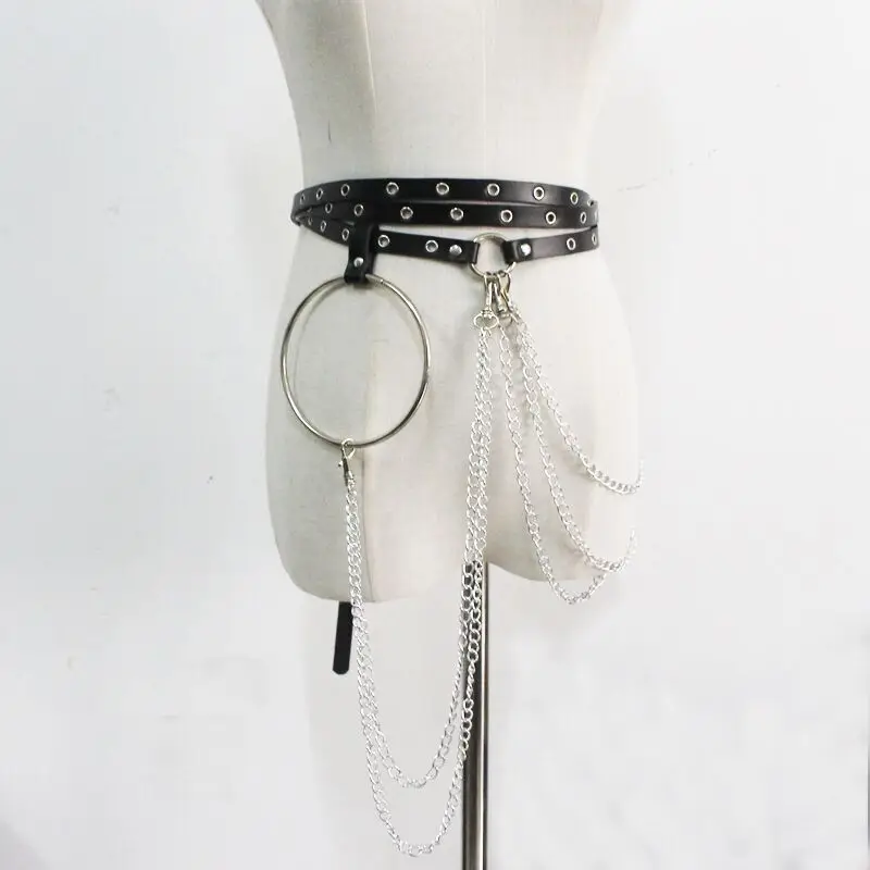 Ceinture en cuir avec chaîne pour femmes, style Punk, gothique, Sexy, noir, grand anneau rond, accessoires pour robe en jean