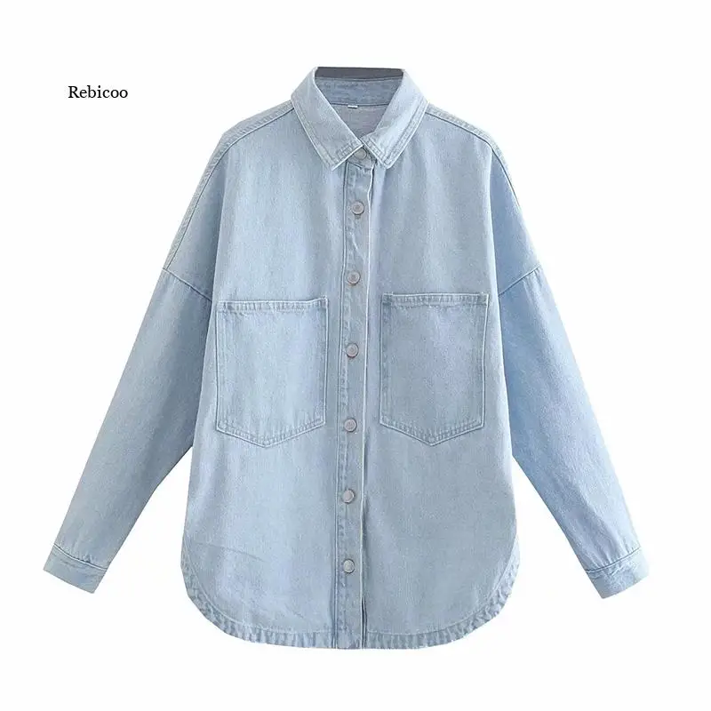 Women\'s Denim Jackets Oversize Shirt Coat With Pocket long Sleeve Pink button Top Fashion Chic Shirt Woman Jacket Autumn