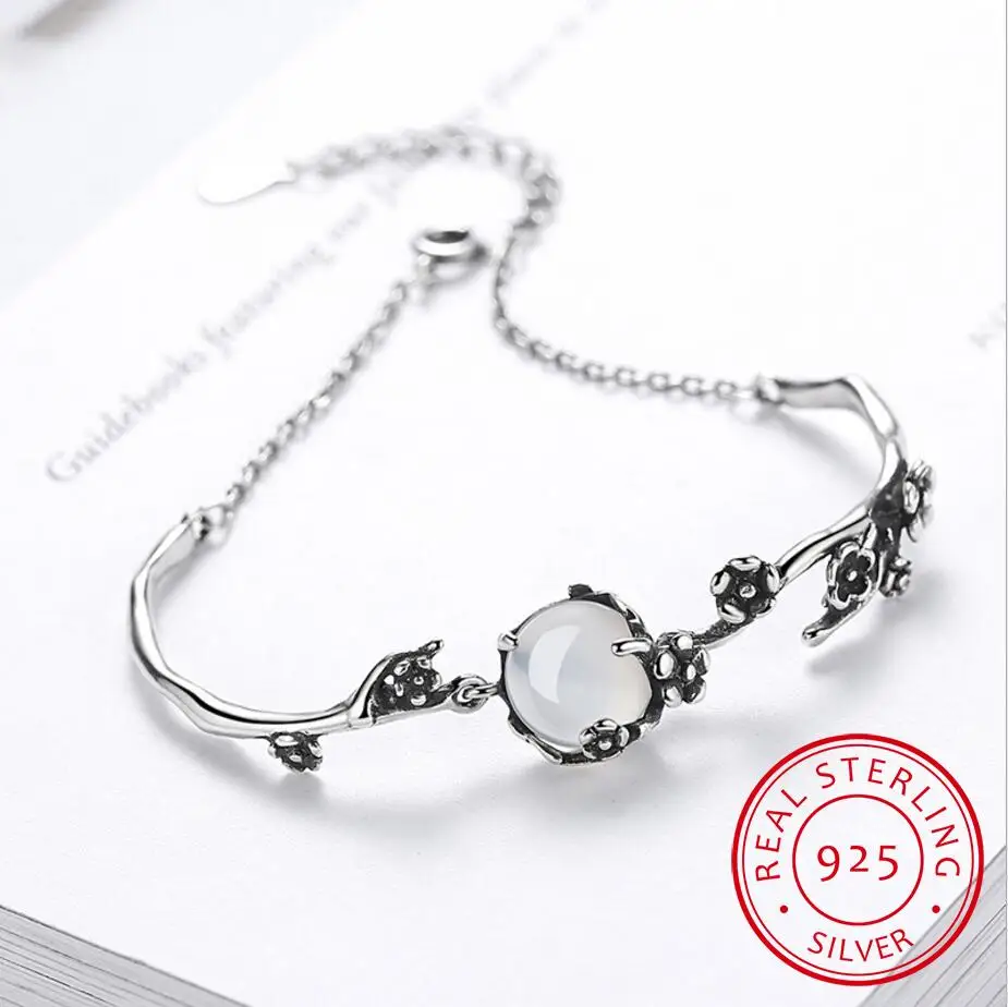 Vintage Fashion Thai Silver Bracelet White Moonlight Stone Plum Flower 925 Sterling Silver Bracelet pulseira S-B160