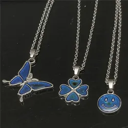 Cute Color Changes To Temperature Enamel Butterfly Smile Pendant Necklace Women Girls Clover Choker Female Party Gift