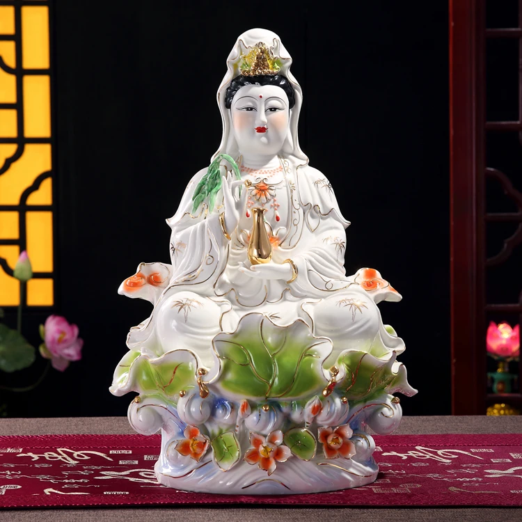 Buddhist Buddha Statue Guanyin Statue Ceramic Crafts Porcelain Full Color Sitting Lotus Guanyin Buddha Statue White Porcelain