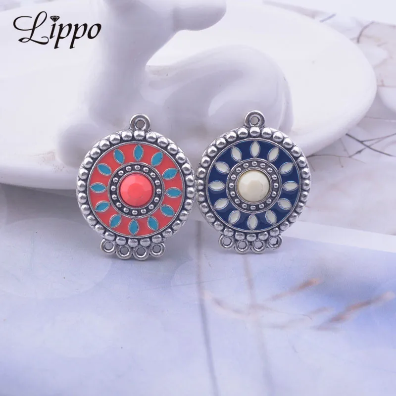 12pcs Antique Silver Color Round Enamel Connector Blue and Red  Earrings Pendant Base Connector DIY  Jewelry Connector