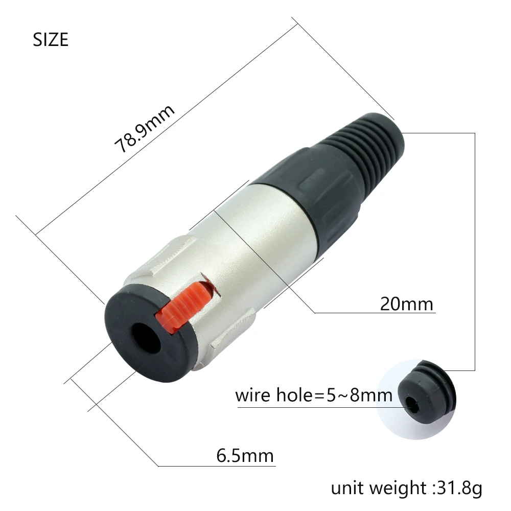 4 sztuk/partia 6.35mm Stereo Jack 1/4 cal TRS żeńskie złącze Microphonne MIC kabel drutu złącze z blokadą