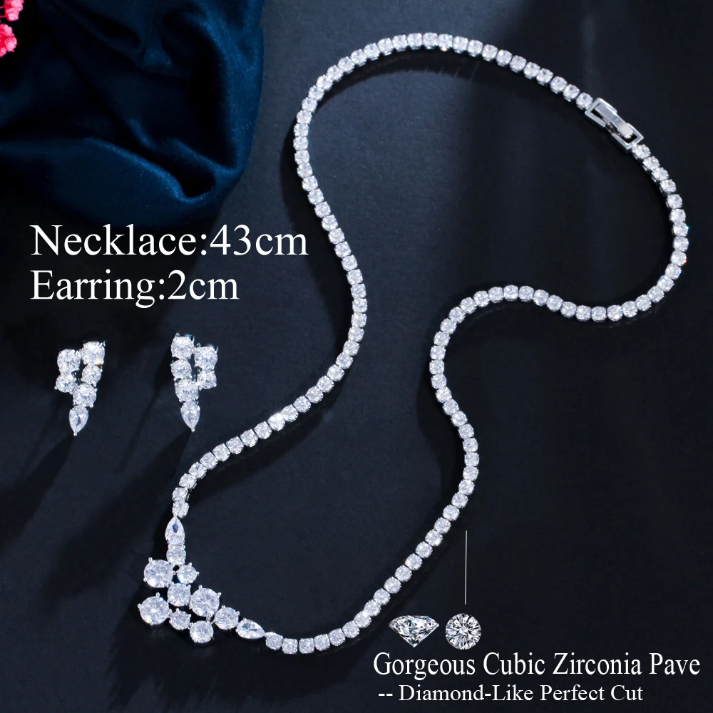 CWWZircons Trendy Round Cubic Zirconia Wedding Party Women Costume Jewelry Sets White Gold Color Bridal Necklace Earrings T585