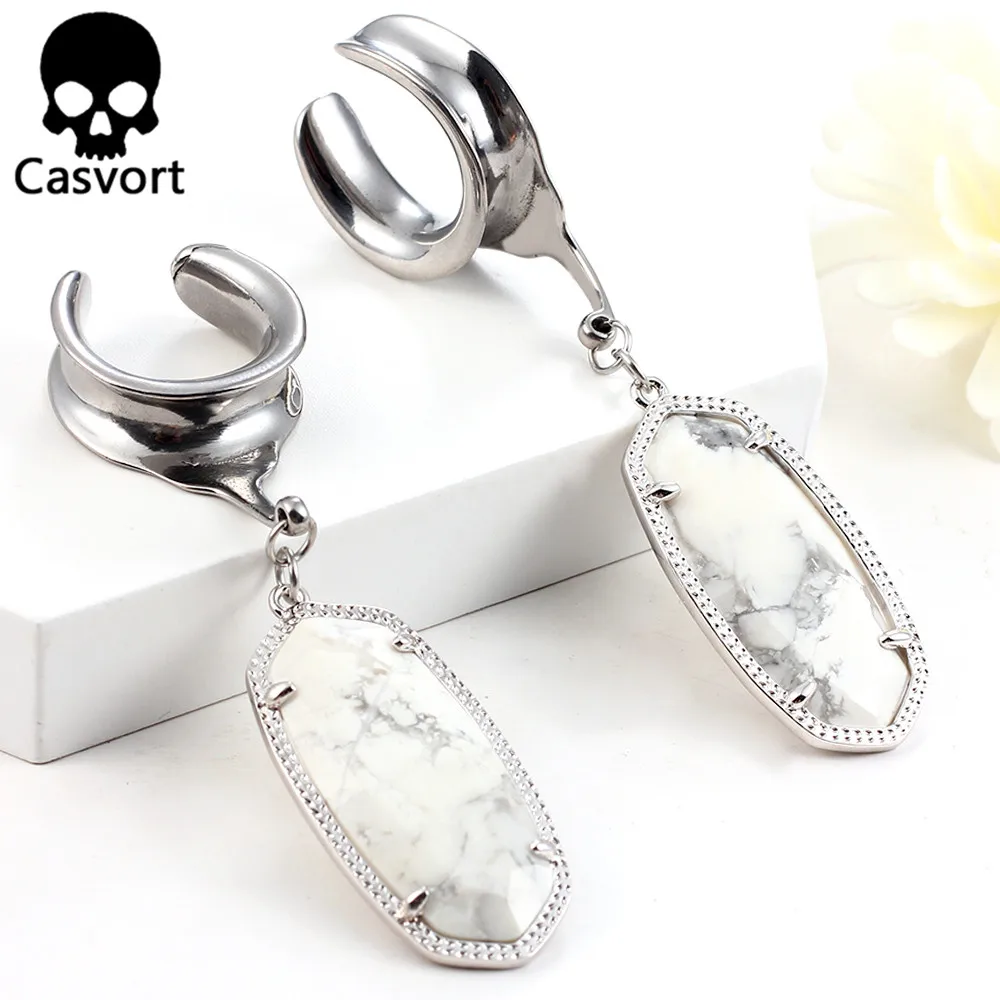 Casvort 2 PCS Elegant Saddle Stone Ear Hanger Weight Stainless Steel Dangle Plugs Ear Gauges Body Jewelry Piercing 6mm-25mm