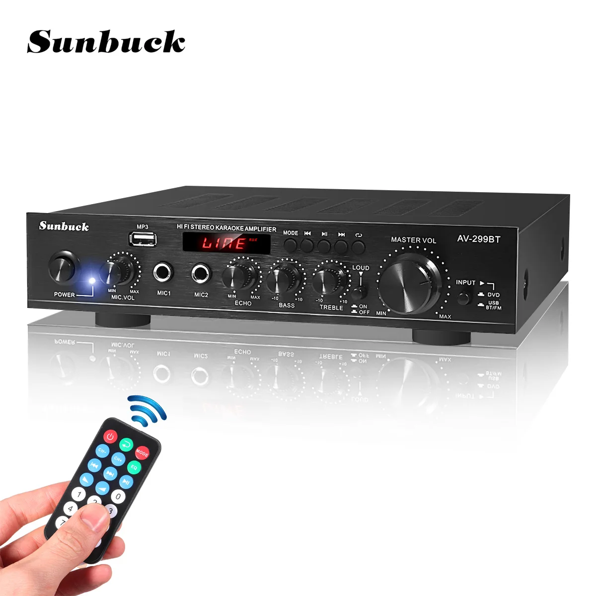 مكبرات الصوت المسرح المنزلي SUNBUCK AV-299BT USB FM 5.0 بلوتوث MP3 2 Mic المدخلات 2CH 2000 واط 50 هرتز ستيريو مكبر كهربائي
