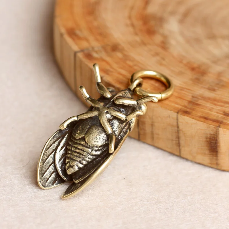 Vintage Brass Cicada Keychain Pendants Gifts Pure Copper Lucky Key Chain Ring Hanging Trinkets Chinese Feng Shui Keyring Pendant