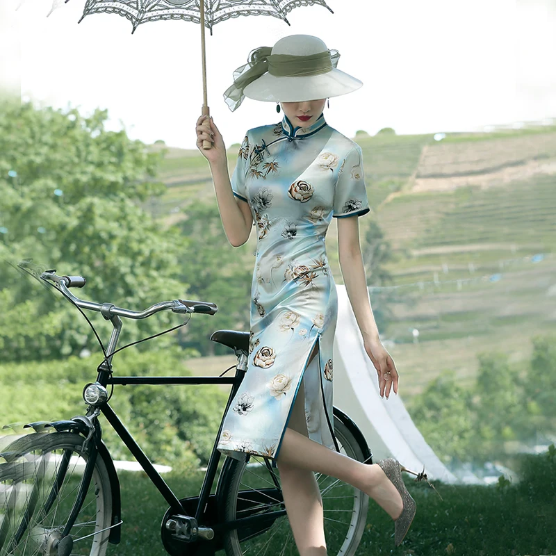 

Oriental Dress Silk Blue Cheongsams Evening Dresses Plus Large Size Printing Qipao Dresses HighEnd Cheongsam Dress Woman Costume