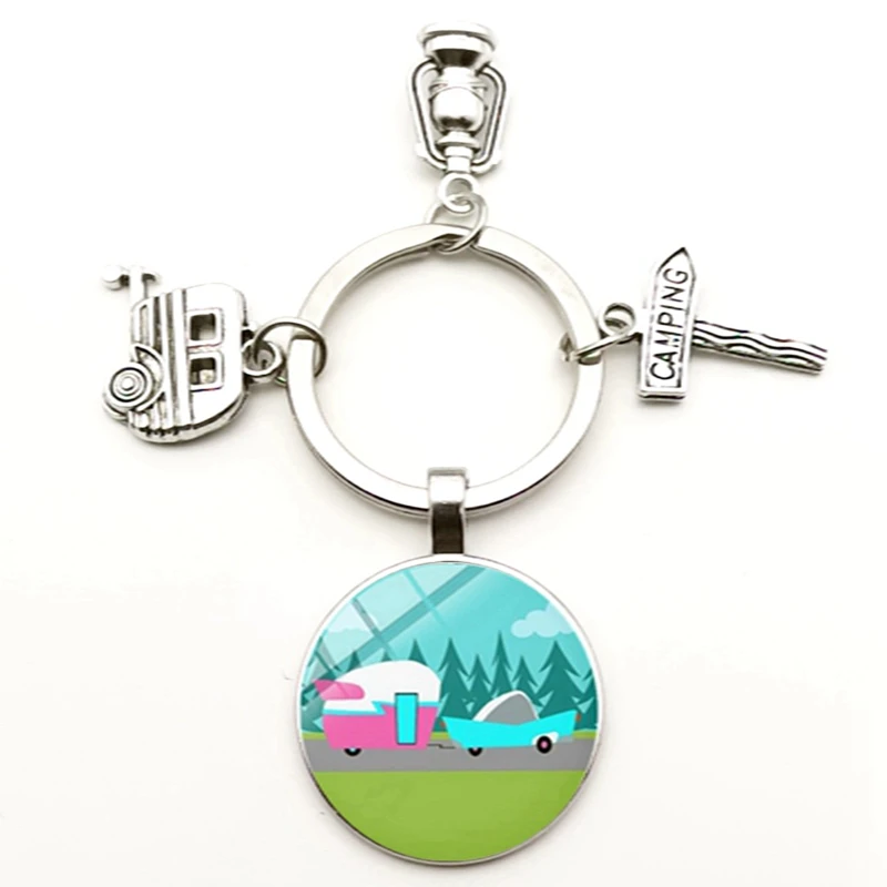 Camper Car Keychain Street Sign Cartoon Cute Glass Cabochon Tourists Handmade Key Ring Traveler Beautiful Gift Keychain