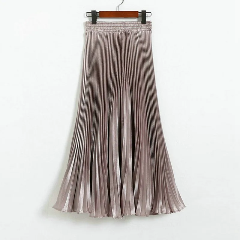 Women's Pleated Mermaid Skirt Female 2024 Spring Japan Style Casual High Waist Satin Midi Long Skirts Shiny Saias 17 Color SK501