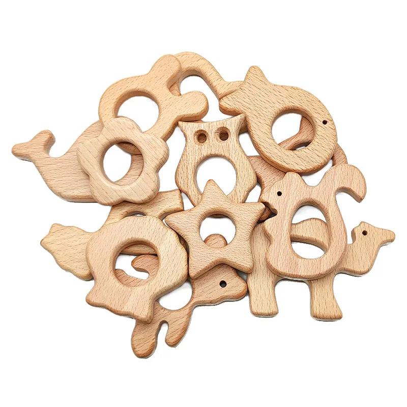 Cartoon Shape Food Grade Natural Beech Wood Teether Baby Molar Toy Dolphin Elephant Squirrel Fox Owl Crown Rattle Pendant Crafts