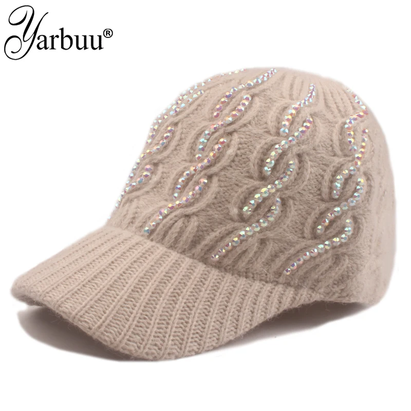 [YARBUU] New Fashion High Quality Baseball Cap Women's Knitted Wool Cap  Winter Casquette Rhinestone Cap Hat Free Shipping