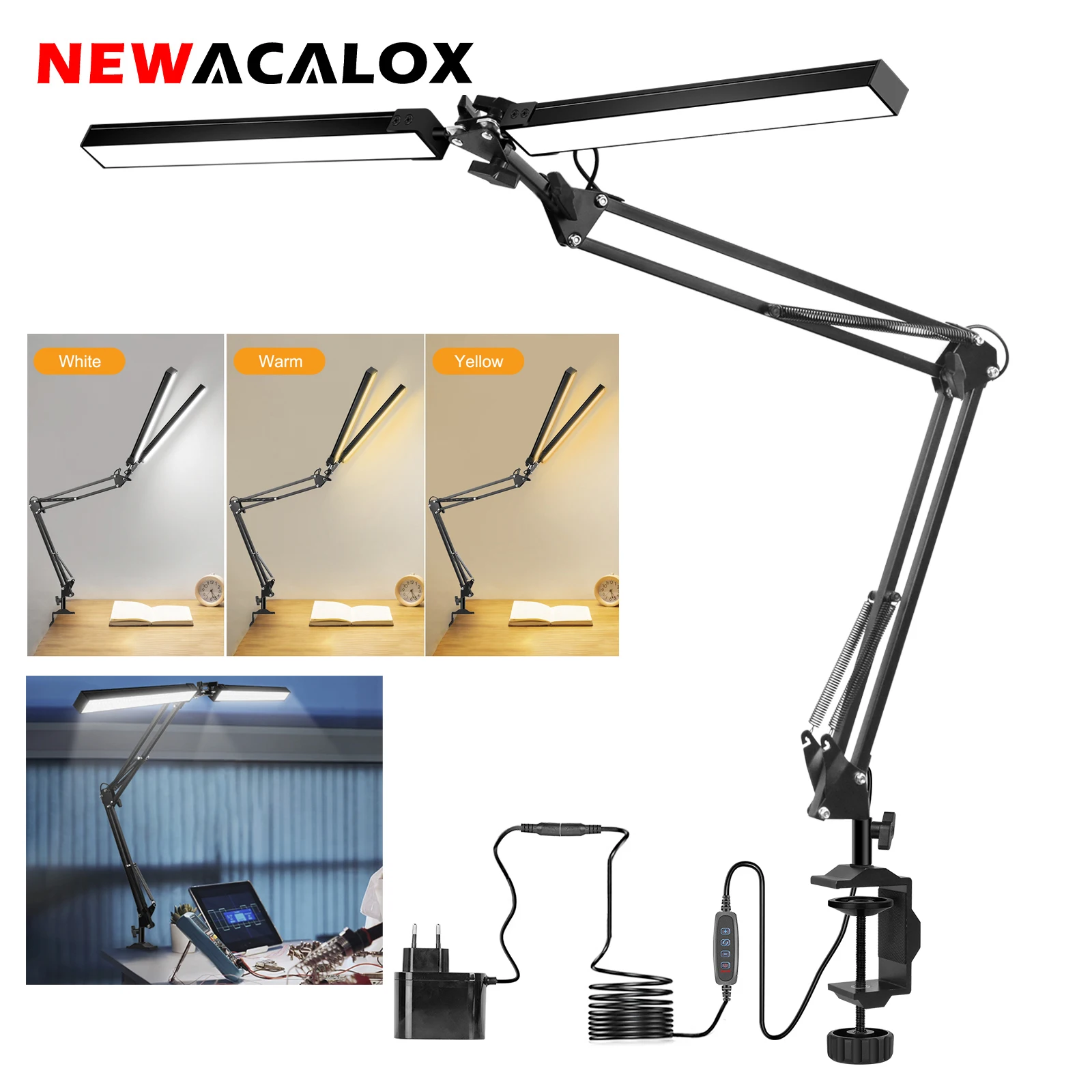 

NEWACALOX EU/US 12V Reading Desk Lamp with 160Pcs LED Lights 24W Indoor Light Table Clamp Folding Light for Office/Study/Working