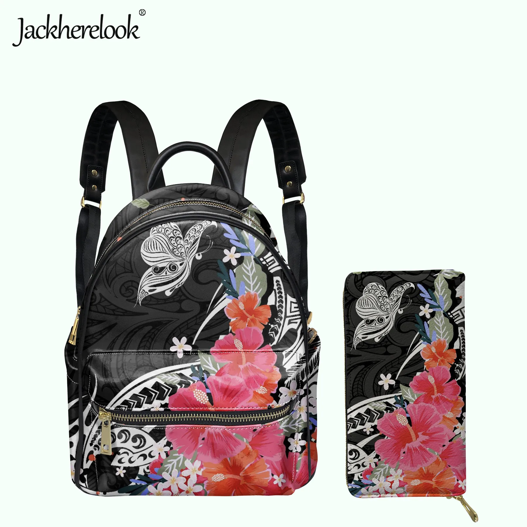 

Jackherelook Butterfly Hibiscus Polynesian Pattern Women Backpack Wallet 2pcs/Set Female Bag Girl's Schoolbag Satchel Mochila