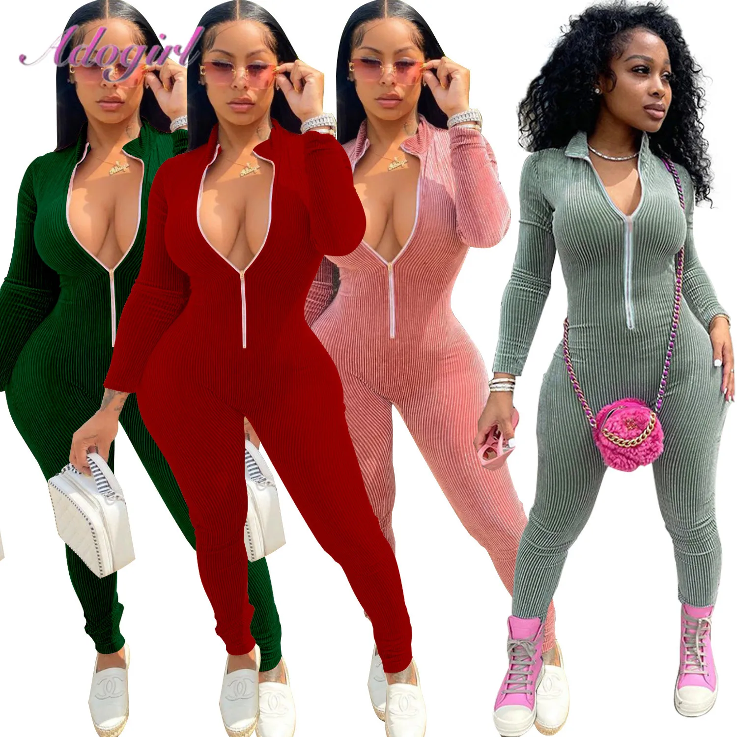 

Solid Ribbed Knitted Long Sleeve Zippers Deep V Neck Bell Bottom Sportwear Jumpsuit Woman Fitness Active Outfit Rompers Overalls