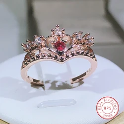 925 Silver Luxury Hollow Out Princess Crown Blue Purple Red Zircon Rose Gold Fashion Engagement Party Jewelry