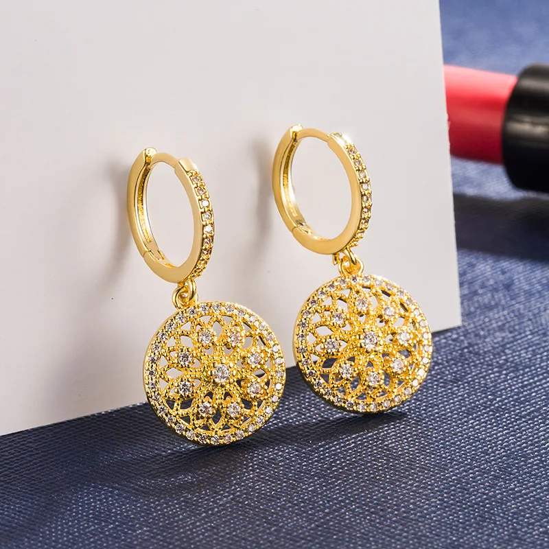 New 14K Gold Hollow Stud Earrings Female Mesh Ear Buckle Round Aros Mujer Oreja Orecchini Bizuteria 14 K Yellow Gold Earring box