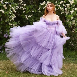 Bafftafe personalizado lavanda mangas largas acampanadas vestidos de graduación Corea fuera del hombro vestidos de noche escalonados corsé vestido Formal de mujer