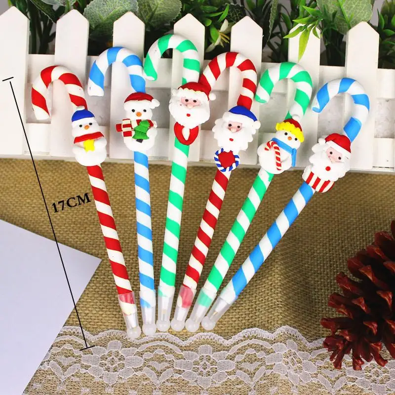 DIY Christmas Party Decoration Ornaments Kids Gift Student Study Supplies Cartoon Santa Snowman Ballpoint Pen with Canes FZ238