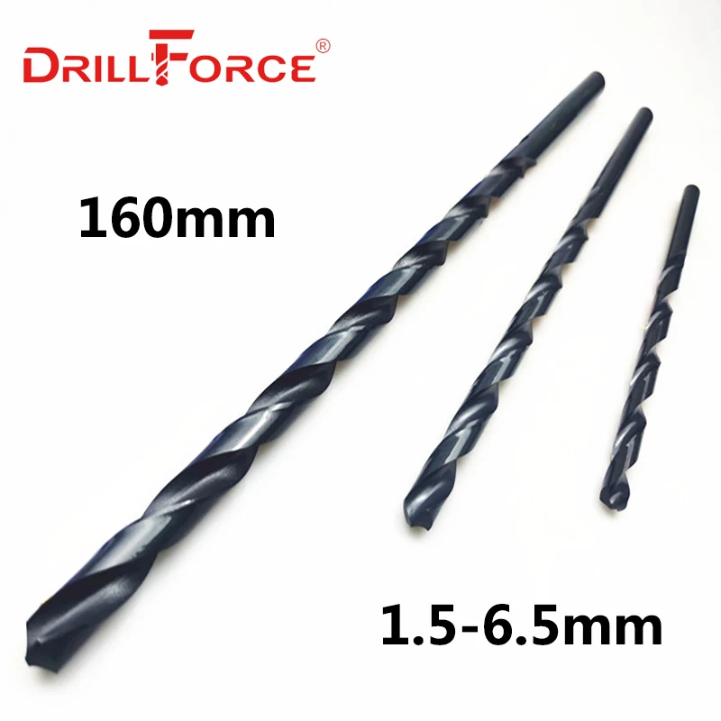 

Drillforce Инструменты 10 шт. 1,5 мм-6,5 мм x 160 мм OAL HSS M2 черный оксид Длинные спиральные сверла для металлообработки легированная сталь и чугун