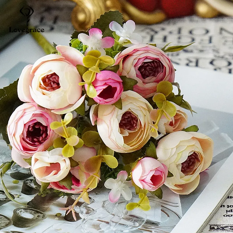 Ramo de flores artificiales de seda falsa, florero romántico de 5 ramas, decoración para mesa de boda, fiesta y hogar