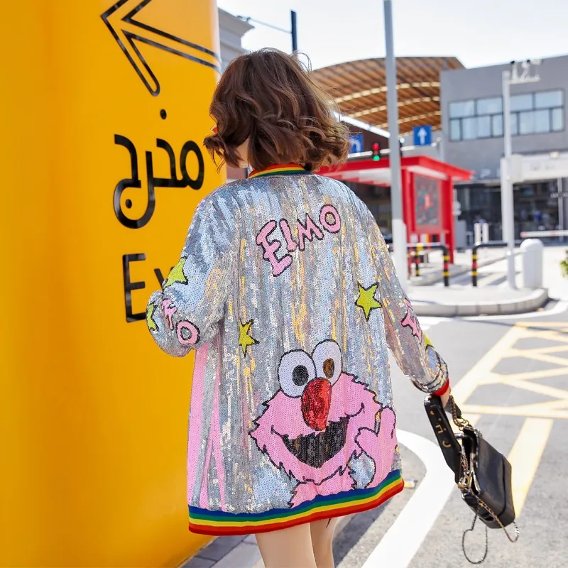 Women Zipper Sequin Jacket Punk European Funny Cartoon Coat Girls Casual Jackets American Colorful Stripes Top Fashion Outerwear