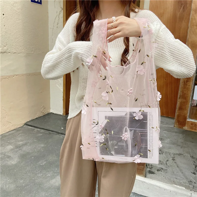 

Embroidery Womens Handbag 2020 Fashion New Casual Tote Bag Net yarn Ladies Flower Bag Shopping Bags Women Handbags Shoulder Bags