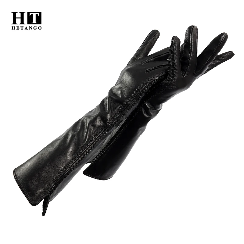 Winter Women Fashion Sheepskin Arm Sleeve Outdoor Warmth Fluff Lining Genuine Leather Mittens Female Long Style Elbow Gloves