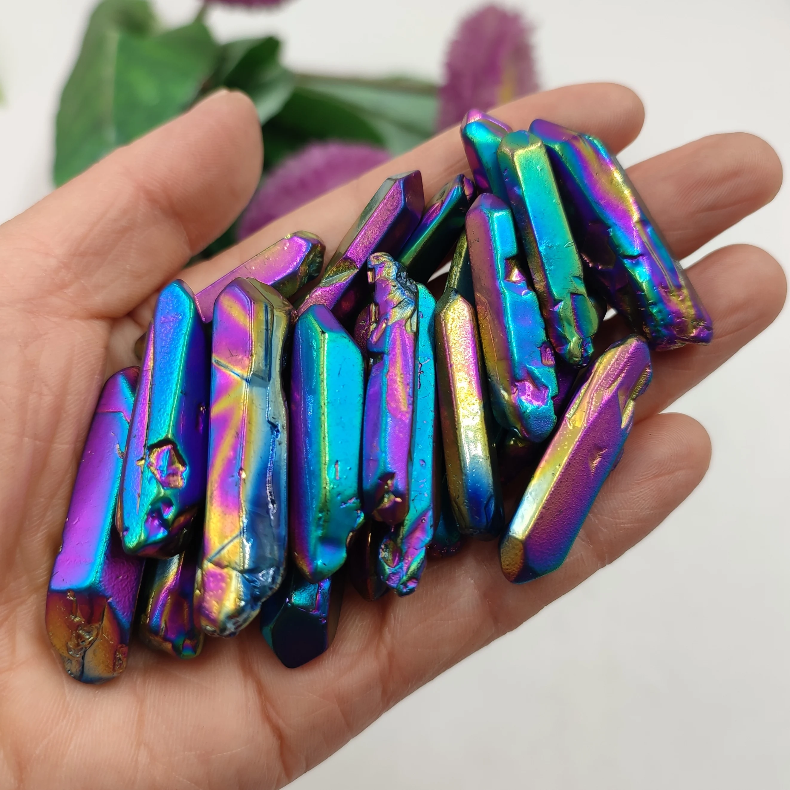 50g Bulk Natural Rainbow Titanium Aura Lemurian Wand Quartz Crystal Point Healing Stone Mineral Specimen Jewelry Making Craft