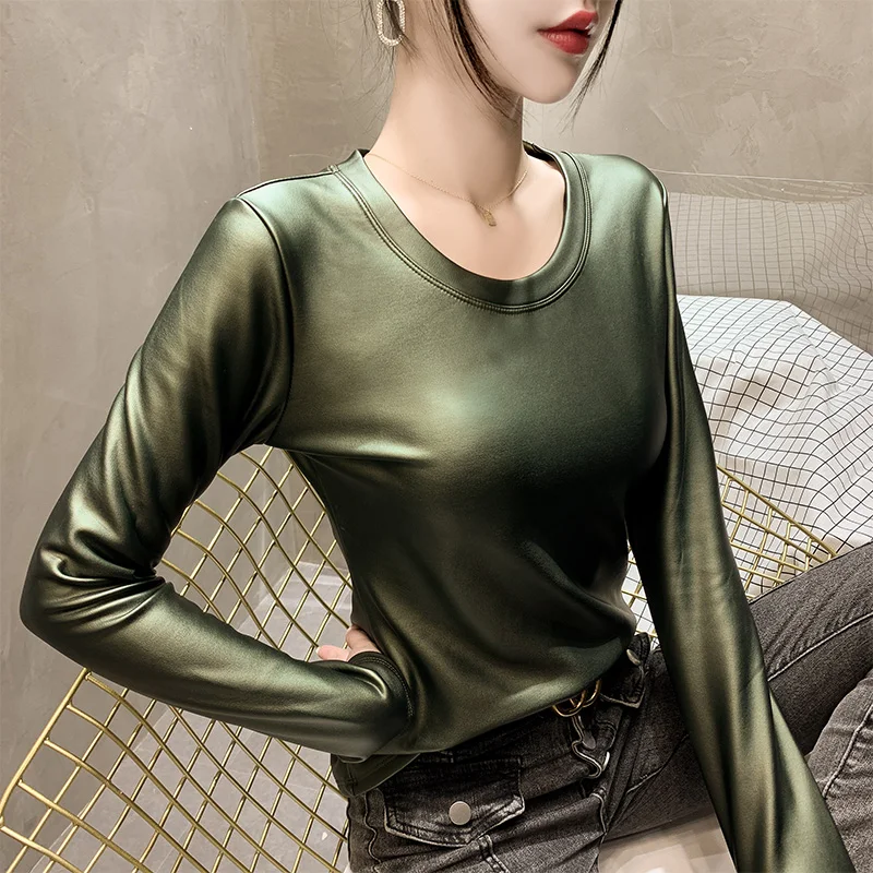 Autumn Winter Leather Shirt Women Warm Blouse Skinny Elastic PU Leather Long Sleeve Top Mujer Large Size 3XL 4XL chemise femme