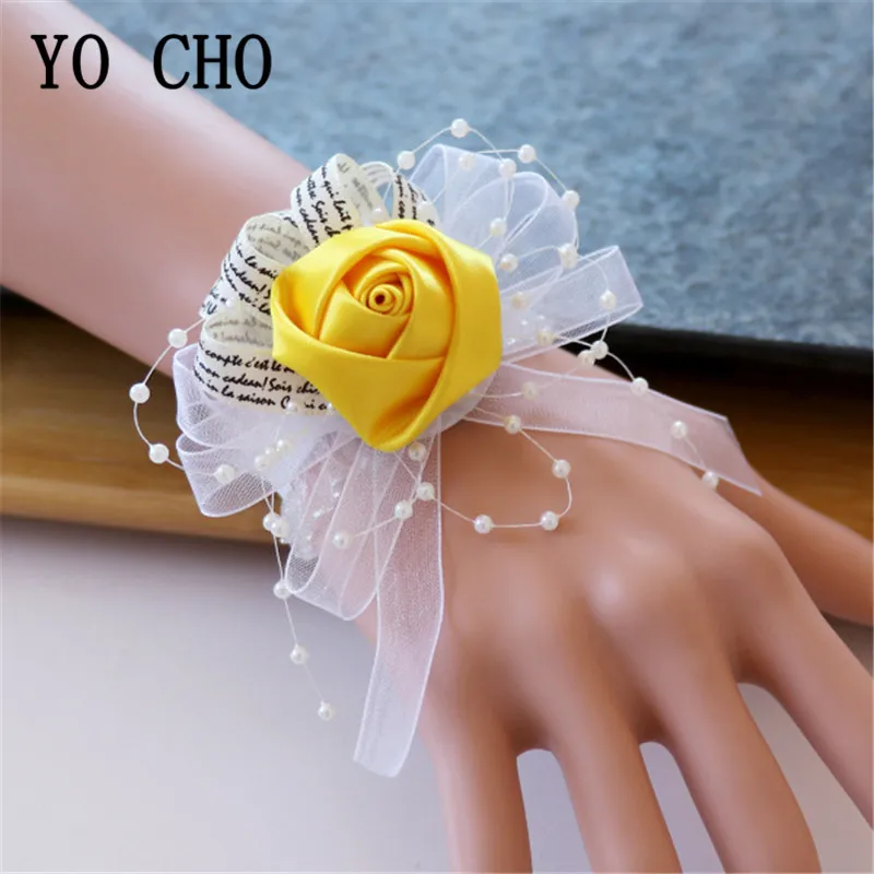 YO CHO 실크 플라워 커프 팔찌 신부 들러리 손목 Corsages 웨딩 Corsage 팔찌 신부 Corsages 웨딩 팔찌 여성용