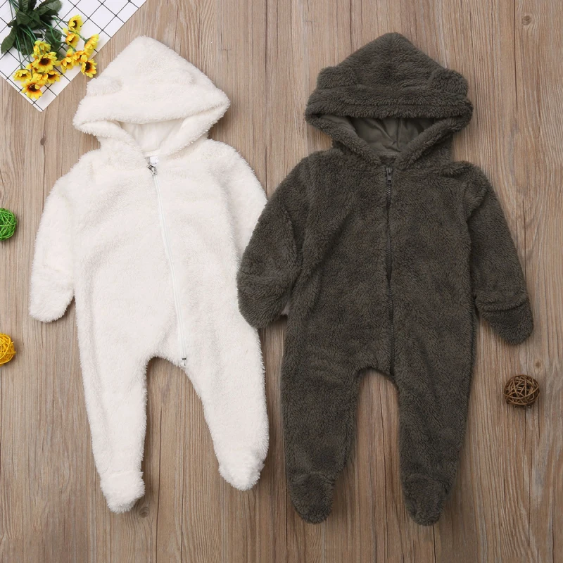 Newborn Toddler Baby Girl Boy Hooded Romper Jumpsuit Winter Outfits Fuzzy Fleece Plush Clothes 0-24Months